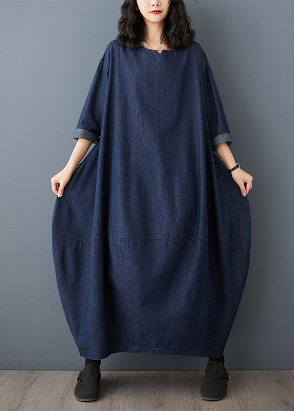 Blue Dress Maxi Vintage O-Neck Denim Sleeve Ruffled FashionChic