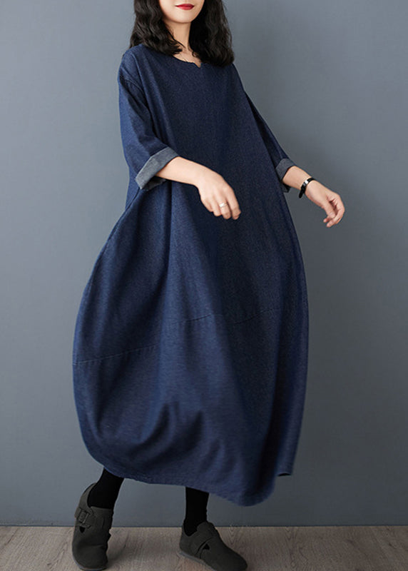 Blue Dress Maxi Vintage O-Neck Denim Sleeve Ruffled FashionChic