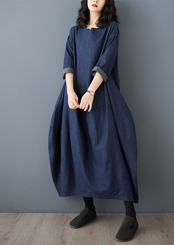 Blue Dress Maxi Vintage O-Neck Denim Sleeve Ruffled FashionChic