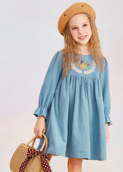 Vintage Blue O-Neck Print Girls Mid Dress Puff Sleeve YE020 ABC