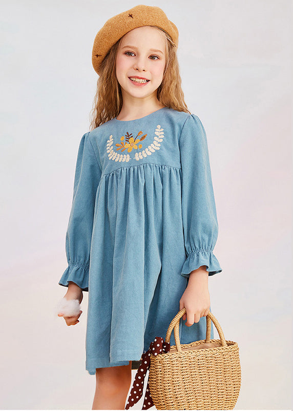 Vintage Blue O-Neck Print Girls Mid Dress Puff Sleeve YE020 ABC