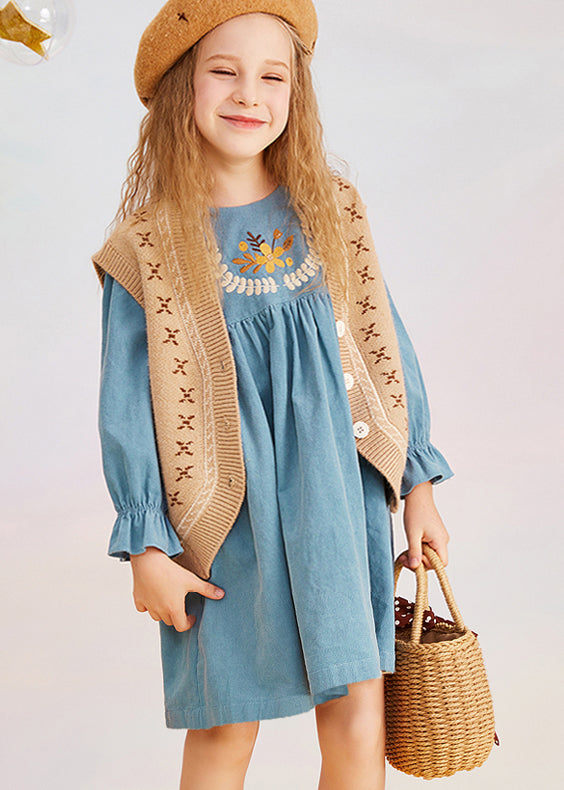 Vintage Blue O-Neck Print Girls Mid Dress Puff Sleeve YE020 ABC