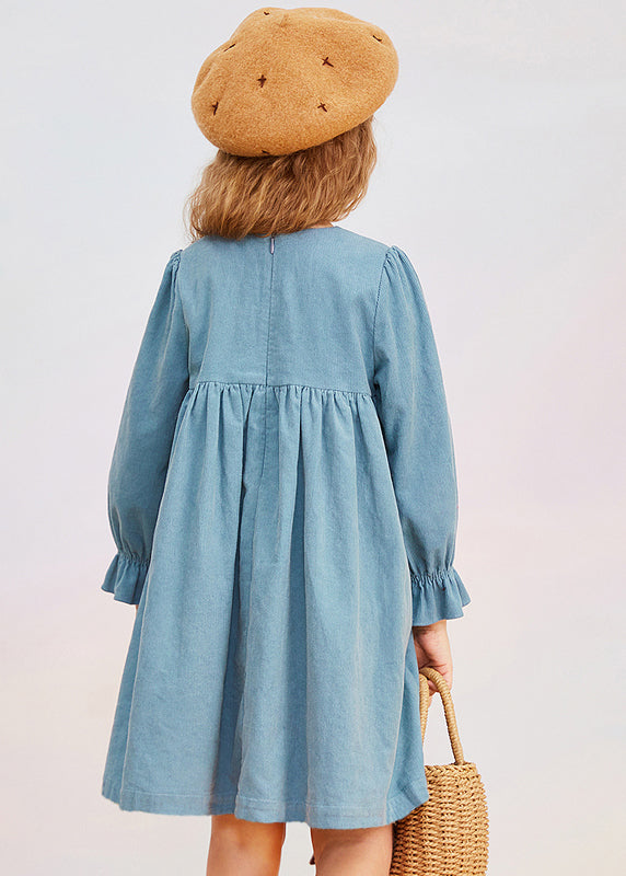 Vintage Blue O-Neck Print Girls Mid Dress Puff Sleeve YE020 ABC