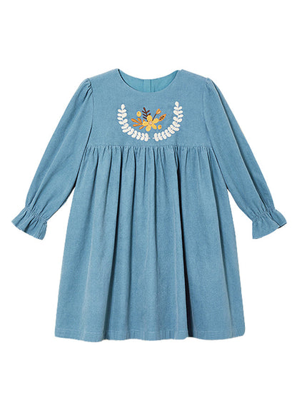 Vintage Blue O-Neck Print Girls Mid Dress Puff Sleeve YE020 ABC