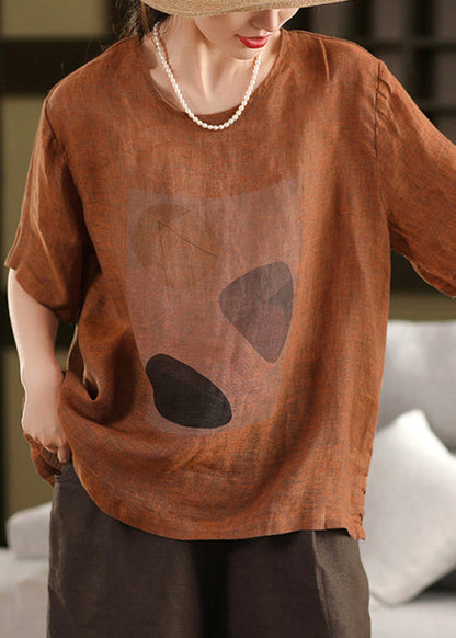 O Neck Print Summer Linen Shirts Vintage T Blue FashionChic