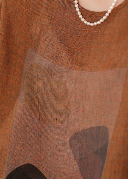 O Neck Print Summer Linen Shirts Vintage T Blue FashionChic