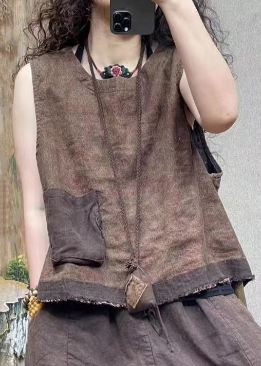 Vintage Blue O-Neck Print Pockets Linen Waistcoat Sleeveless VV011 HS-VTP240627