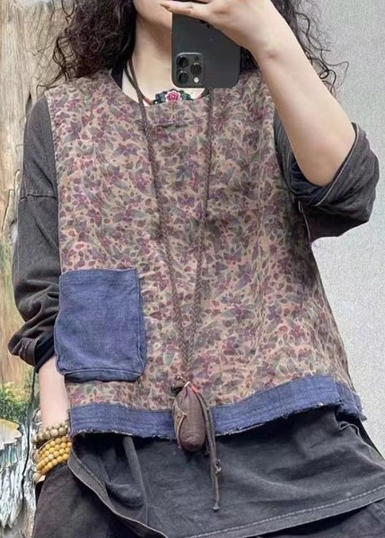 Vintage Blue O-Neck Print Pockets Linen Waistcoat Sleeveless VV011 HS-VTP240627