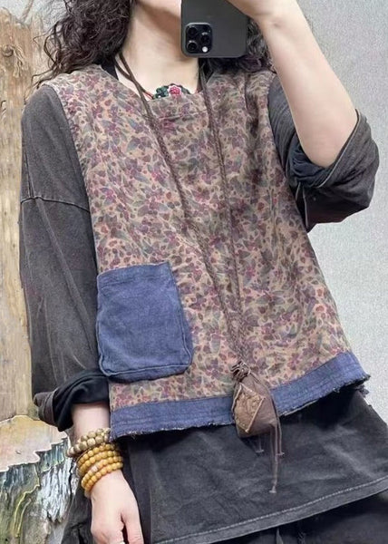 Vintage Blue O-Neck Print Pockets Linen Waistcoat Sleeveless VV011 HS-VTP240627