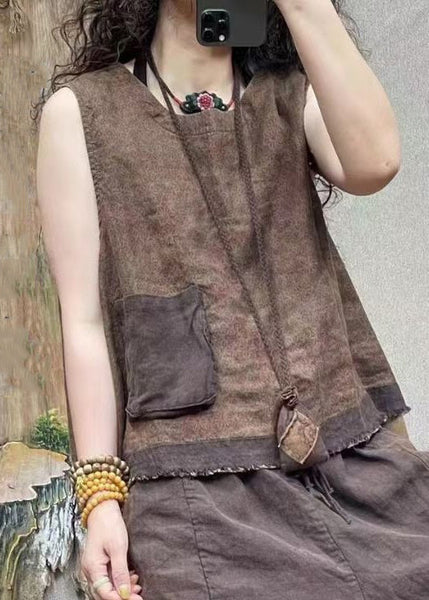 Vintage Blue O-Neck Print Pockets Linen Waistcoat Sleeveless VV011 HS-VTP240627