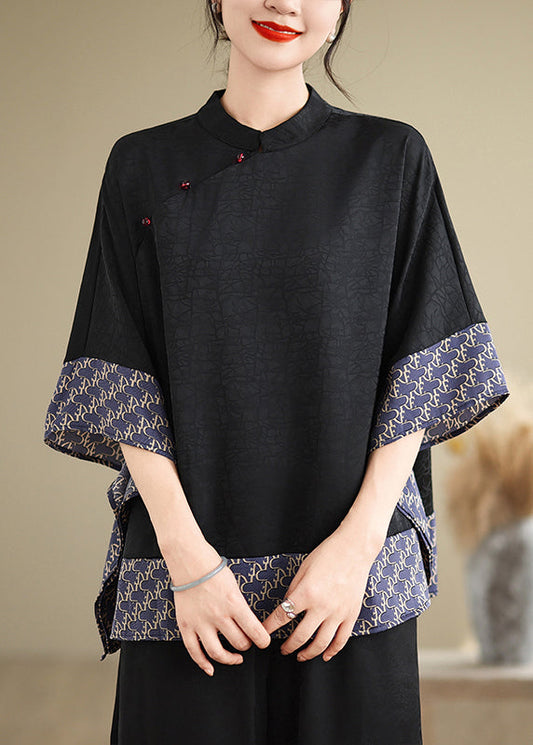 Vintage Blue Oversized Patchwork Silk Shirts Summer TM040 ABC