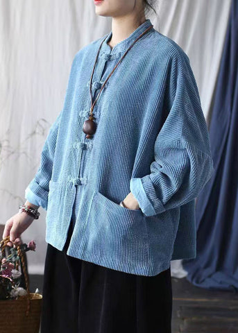 Vintage Blue Pockets Chinese Button Corduroy Jacket Spring TJ025