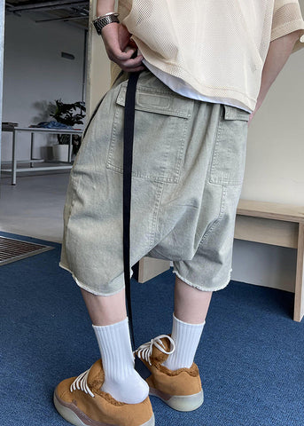 Blue Elastic Shorts Pockets Summer Vintage Denim Mens Waist FashionChic