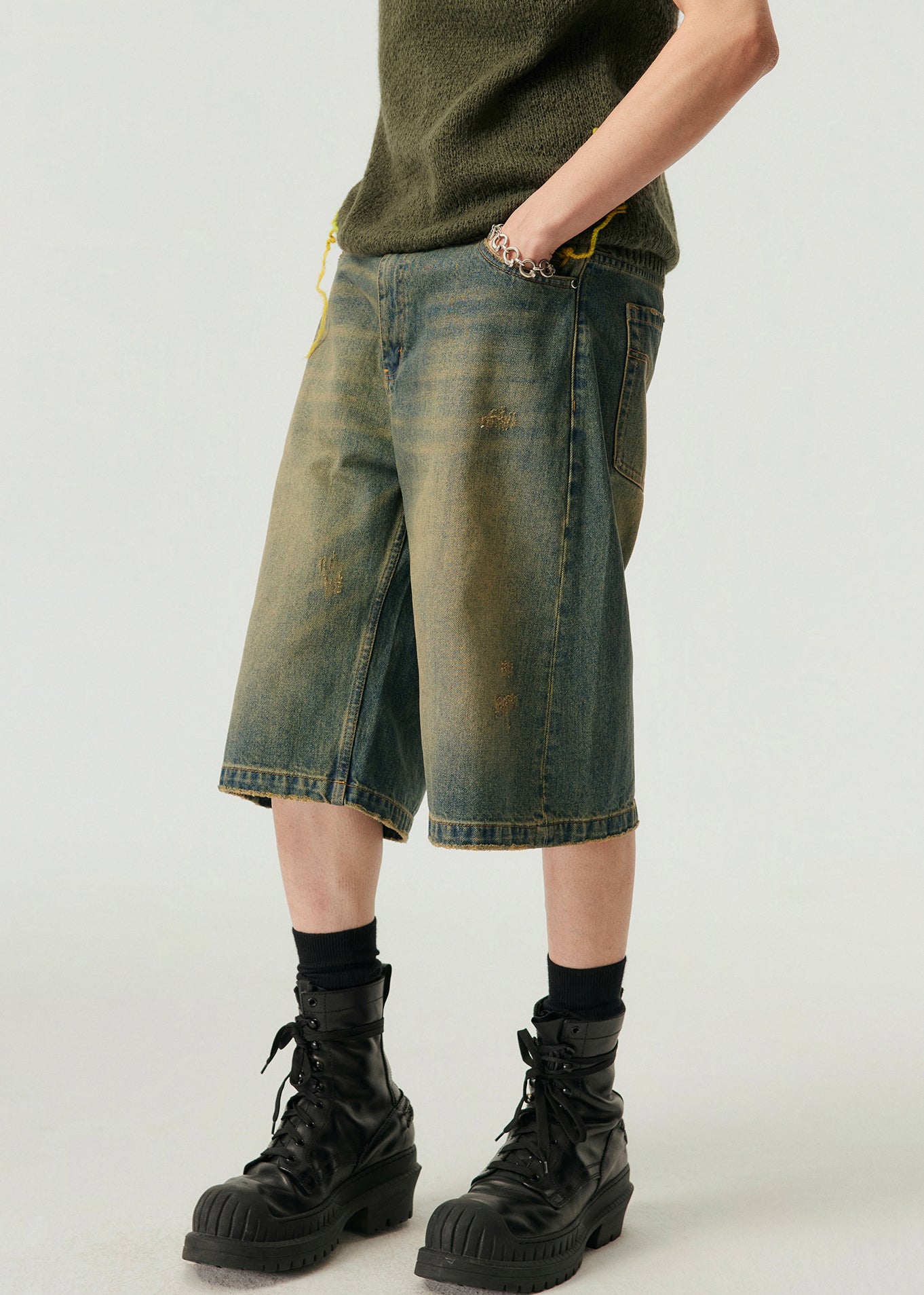 Vintage Blue Pockets High Waist Denim Men Shorts Summer YL013 ABC