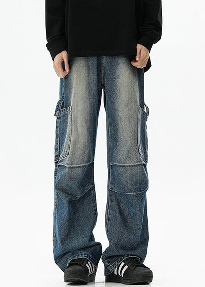 Pockets High Vintage Spring Blue Denim Waist Mens Pants FashionChic
