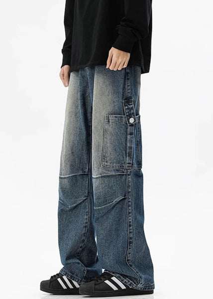 Pockets High Vintage Spring Blue Denim Waist Mens Pants FashionChic