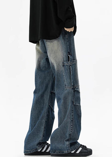 Pockets High Vintage Spring Blue Denim Waist Mens Pants FashionChic