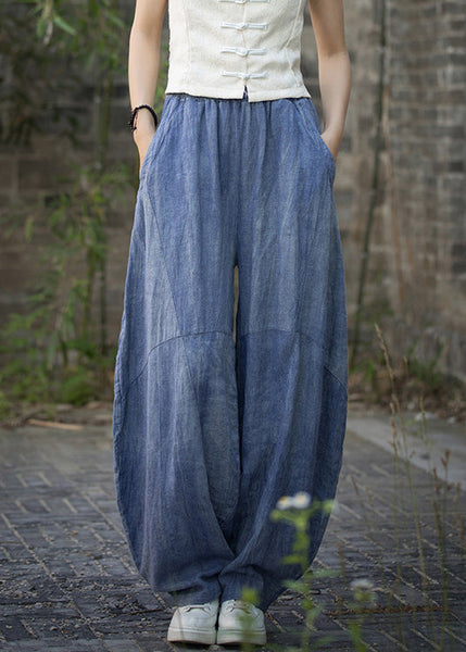 Vintage Blue Pockets High Waist Linen Summer Pants QE021 MZF-LPTS240927