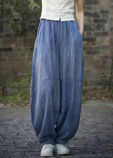 Vintage Blue Pockets High Waist Linen Summer Pants QE021 MZF-LPTS240927