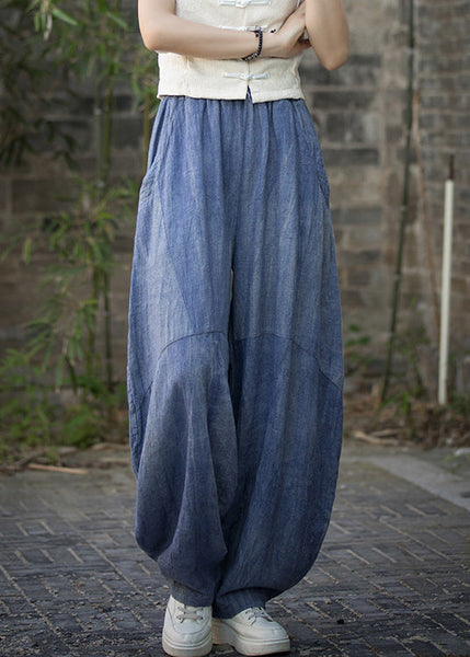 Vintage Blue Pockets High Waist Linen Summer Pants QE021 MZF-LPTS240927