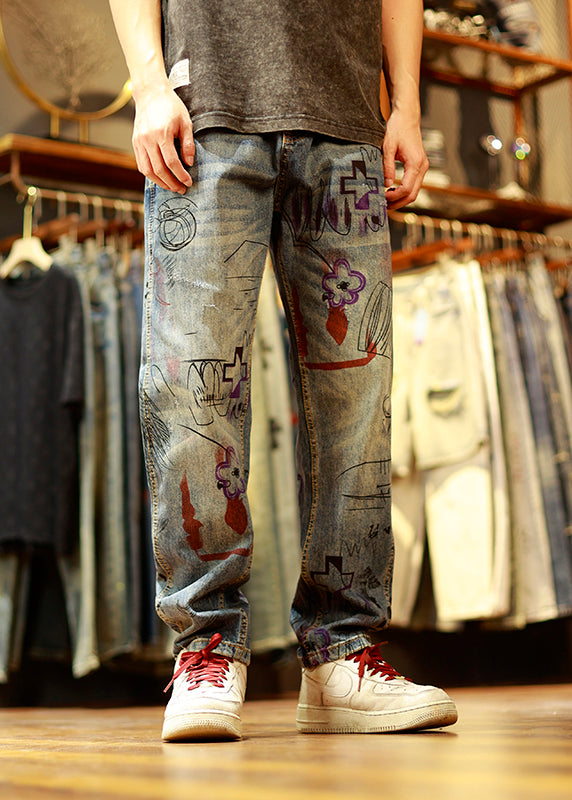 Vintage Blue Print Patchwork Mens Jeans Summer SA001 Men-casual-MENP240726