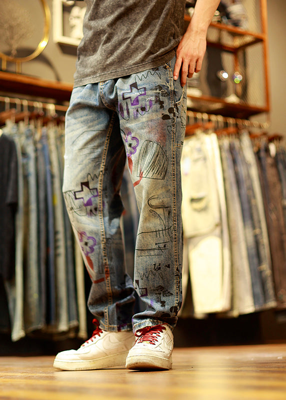 Vintage Blue Print Patchwork Mens Jeans Summer SA001 Men-casual-MENP240726