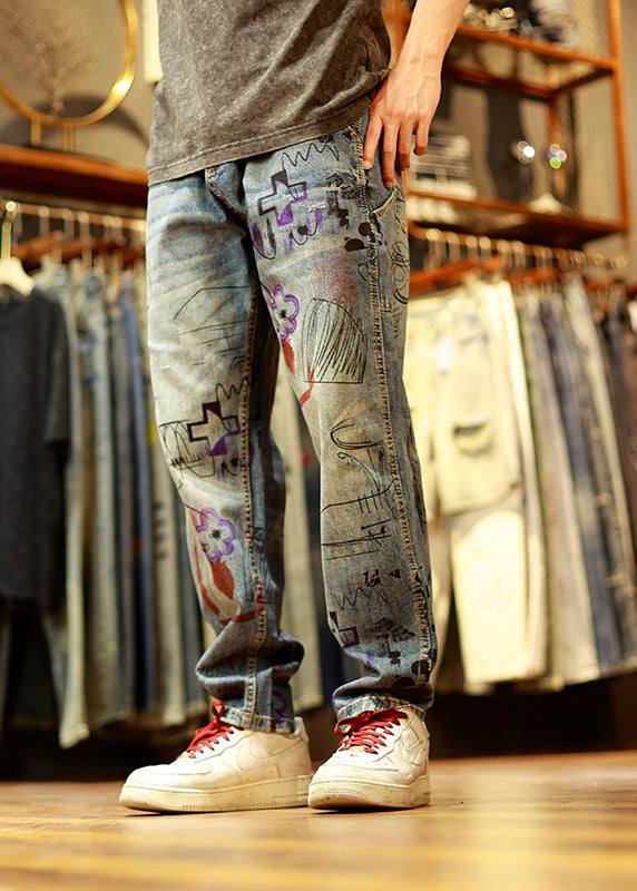 Vintage Blue Print Patchwork Mens Jeans Summer SA001 Men-casual-MENP240726