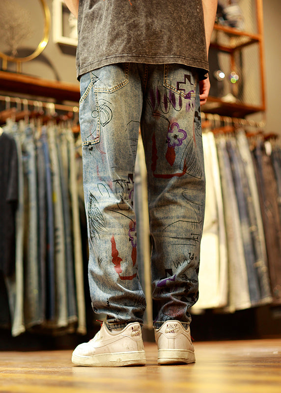 Vintage Blue Print Patchwork Mens Jeans Summer SA001 Men-casual-MENP240726