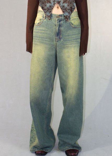 Vintage Blue Print Pockets High Waist Denim Pants Fall QF052 Men-LPTS241016