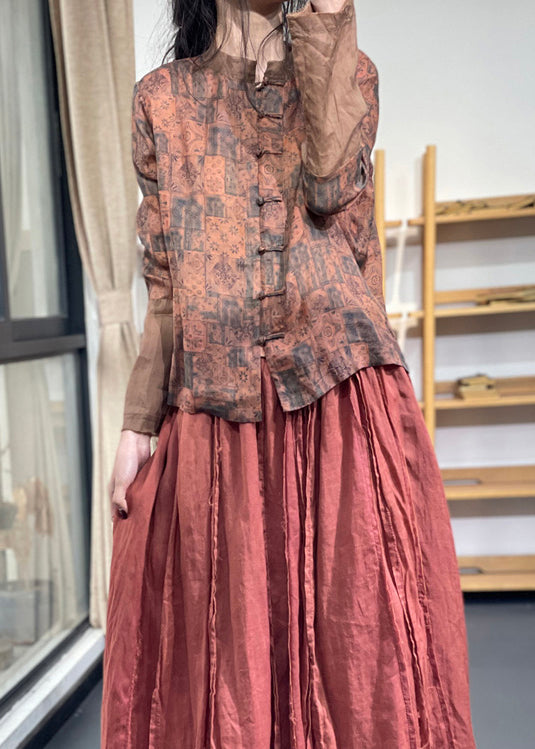 Vintage Blue Stand Collar Print Chinese Button Ramie Linen Top Long Sleeve OO001 OM-CS240816