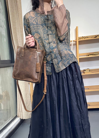 Vintage Blue Stand Collar Print Chinese Button Ramie Linen Top Long Sleeve OO001 OM-CS240816
