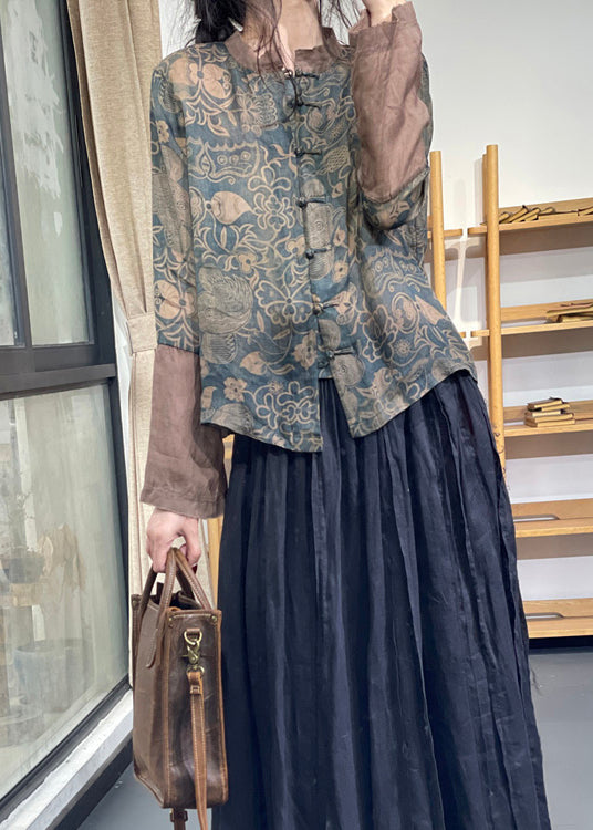 Vintage Blue Stand Collar Print Chinese Button Ramie Linen Top Long Sleeve OO001 OM-CS240816