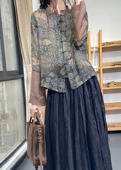 Vintage Blue Stand Collar Print Chinese Button Ramie Linen Top Long Sleeve OO001 OM-CS240816