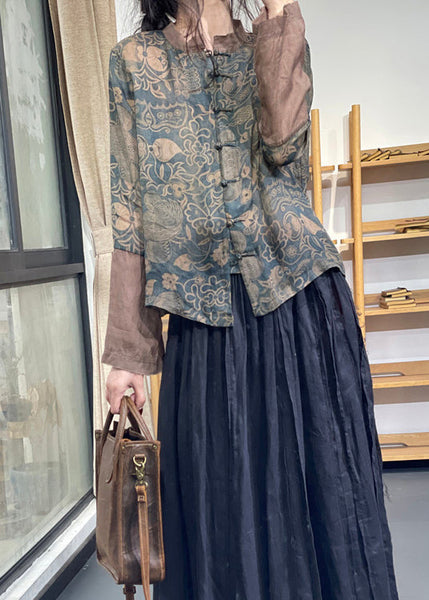 Vintage Blue Stand Collar Print Chinese Button Ramie Linen Top Long Sleeve OO001 OM-CS240816