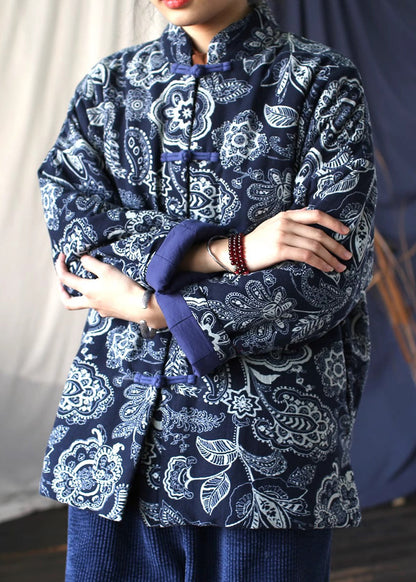 Vintage Blue Stand Collar Print Fine Cotton Filled Jackets Spring TI024