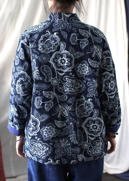 Vintage Blue Stand Collar Print Fine Cotton Filled Jackets Spring TI024