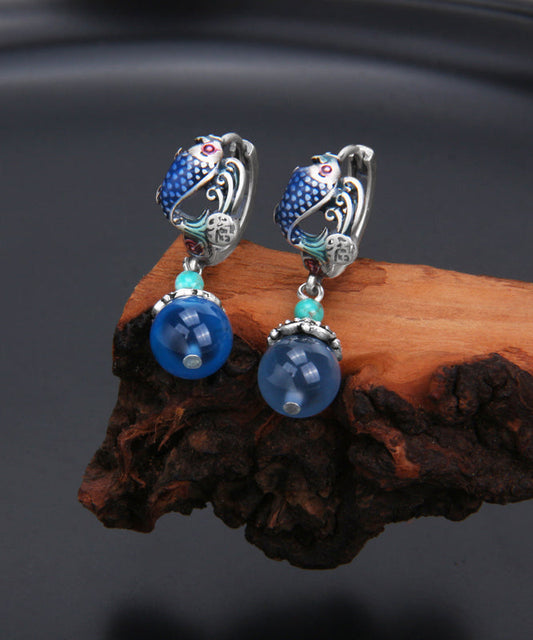 Vintage Blue Sterling Silver Cloisonne A Fish Leaping Over The Dragon Gate Drop Earrings QQ035 JEW-EAR240811