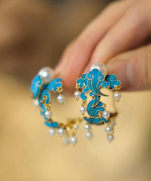 Hoop Cloisonne Sterling Silver Blue Tassel Pearl Enamel Vintage FashionChic