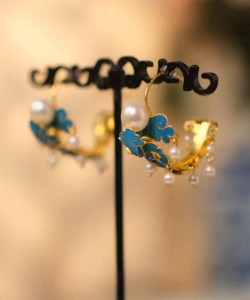 Hoop Cloisonne Sterling Silver Blue Tassel Pearl Enamel Vintage FashionChic