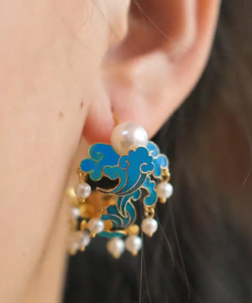 Hoop Cloisonne Sterling Silver Blue Tassel Pearl Enamel Vintage FashionChic