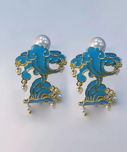 Hoop Cloisonne Sterling Silver Blue Tassel Pearl Enamel Vintage FashionChic