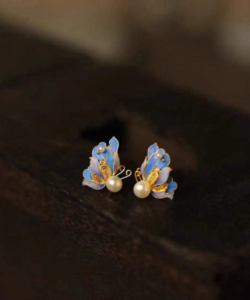 Out Pearl Sterling Overgild Hollow Blue Vintage Butterfly Silver FashionChic