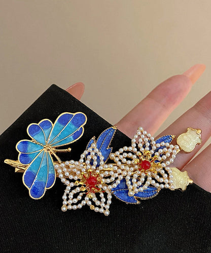 Vintage Blue Sterling Silver Overgild Pearl Cloisonne Floral Hairpin TS005