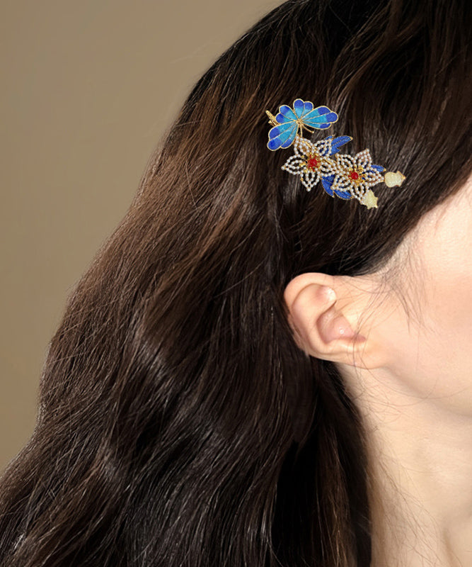 Vintage Blue Sterling Silver Overgild Pearl Cloisonne Floral Hairpin TS005