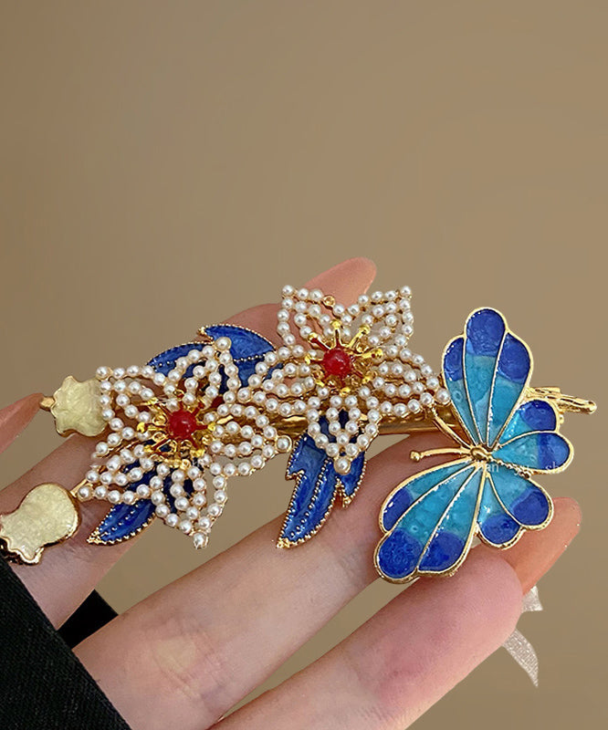 Vintage Blue Sterling Silver Overgild Pearl Cloisonne Floral Hairpin TS005