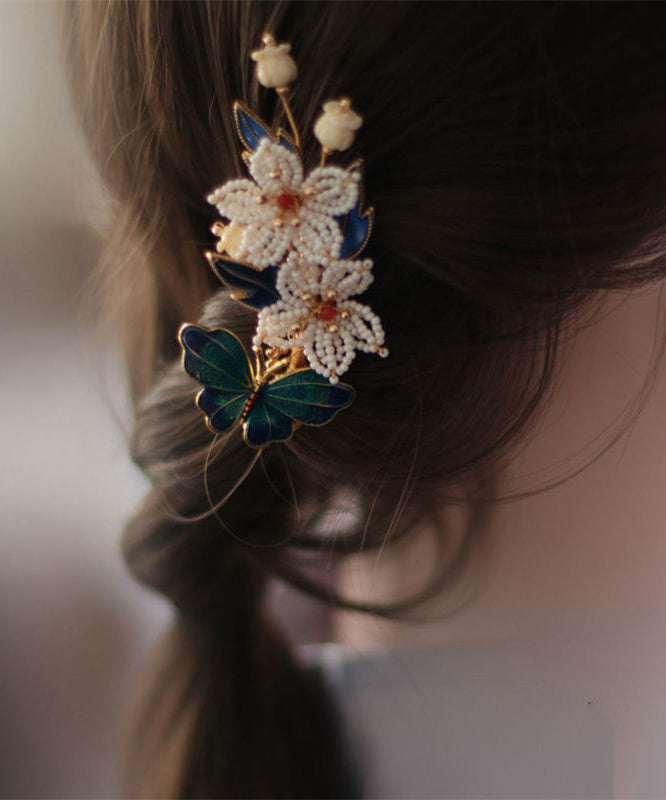 Vintage Blue Sterling Silver Overgild Pearl Cloisonne Floral Hairpin TS005