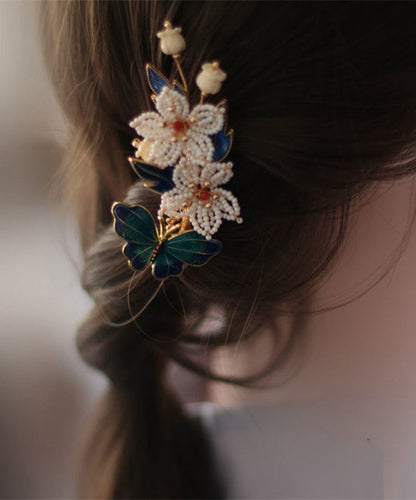 Vintage Blue Sterling Silver Overgild Pearl Cloisonne Floral Hairpin TS005