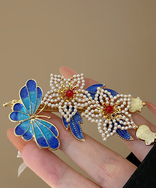 Vintage Blue Sterling Silver Overgild Pearl Cloisonne Floral Hairpin TS005