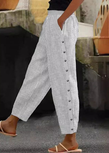 Vintage Blue Striped Pockets High Waist Cotton Crop Pants Summer QA028 OM-BB241009