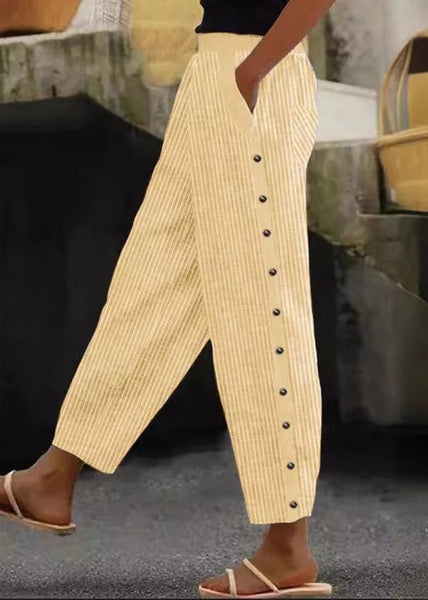 Vintage Blue Striped Pockets High Waist Cotton Crop Pants Summer QA028 OM-BB241009